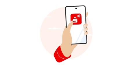 Illustration einer Hand, die ein Smartphone mit dem Symbol der Sparkassen-App hält.