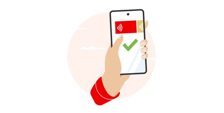 Illustration einer Hand mit Smartphone, auf dessen Bildschirm ein Funksymbol und ein grüner Haken zu sehen sind.