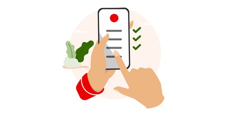 Illustration von zwei Händen, die eine Checkliste auf einem Smartphone mit grünen Haken bedienen.