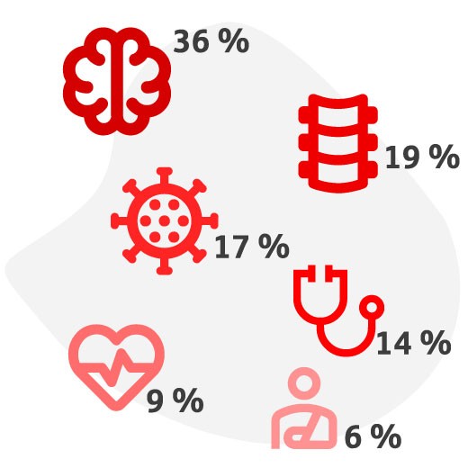 Eine Infografik zeigt die prozentuale Verteilung der Ursachen für eine Berufsunfähigkeit.