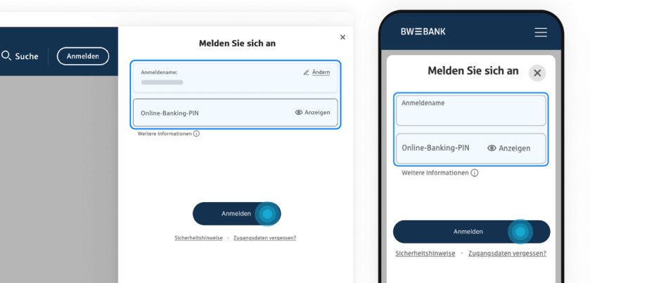 Zwei Anmeldemasken der Sparkasse für das Online-Banking, dargestellt auf einem Computer und einem Smartphone.
