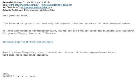 Phishing-Mail BW-Bank