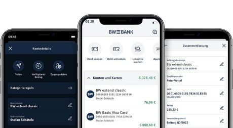 Mehrere Smartphones mit der App BW-Bank, dargestellt im Hell- und Dunkelmodus.