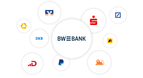 Grafik mit dem Sparkassen-Logo in der Mitte, umgeben von Logos anderer Banken und Zahlungsdienste.