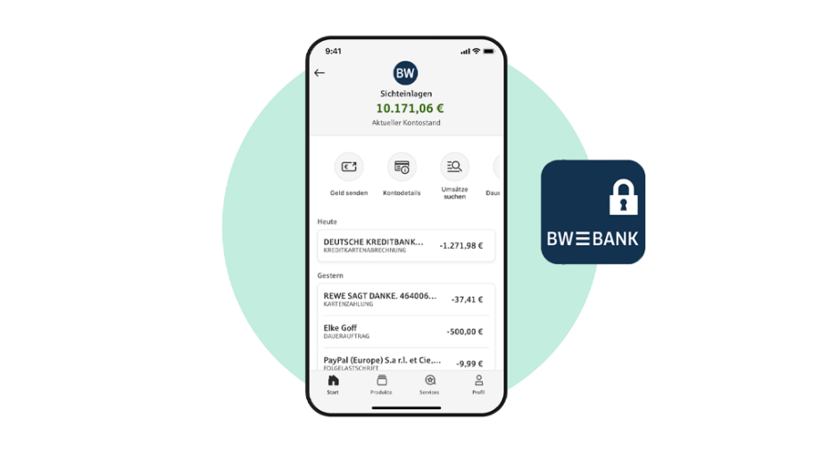 Smartphone mit geöffneter App BW-Bank und Logo der App BW-Bank daneben.