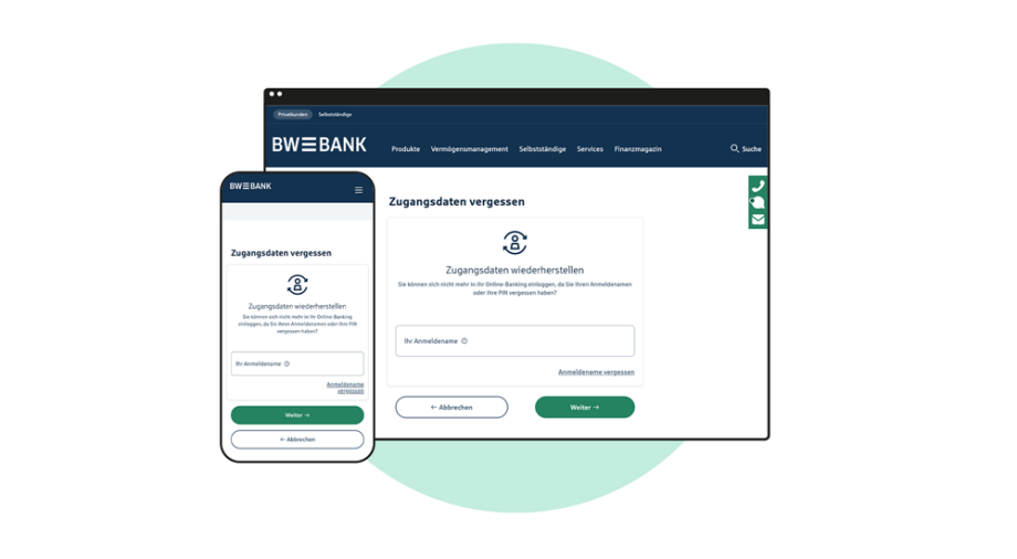 Smartphone und Laptop zeigen die BW-Bank-Website mit einer Eingabemaske zur Zugangsdaten-Wiederherstellung.